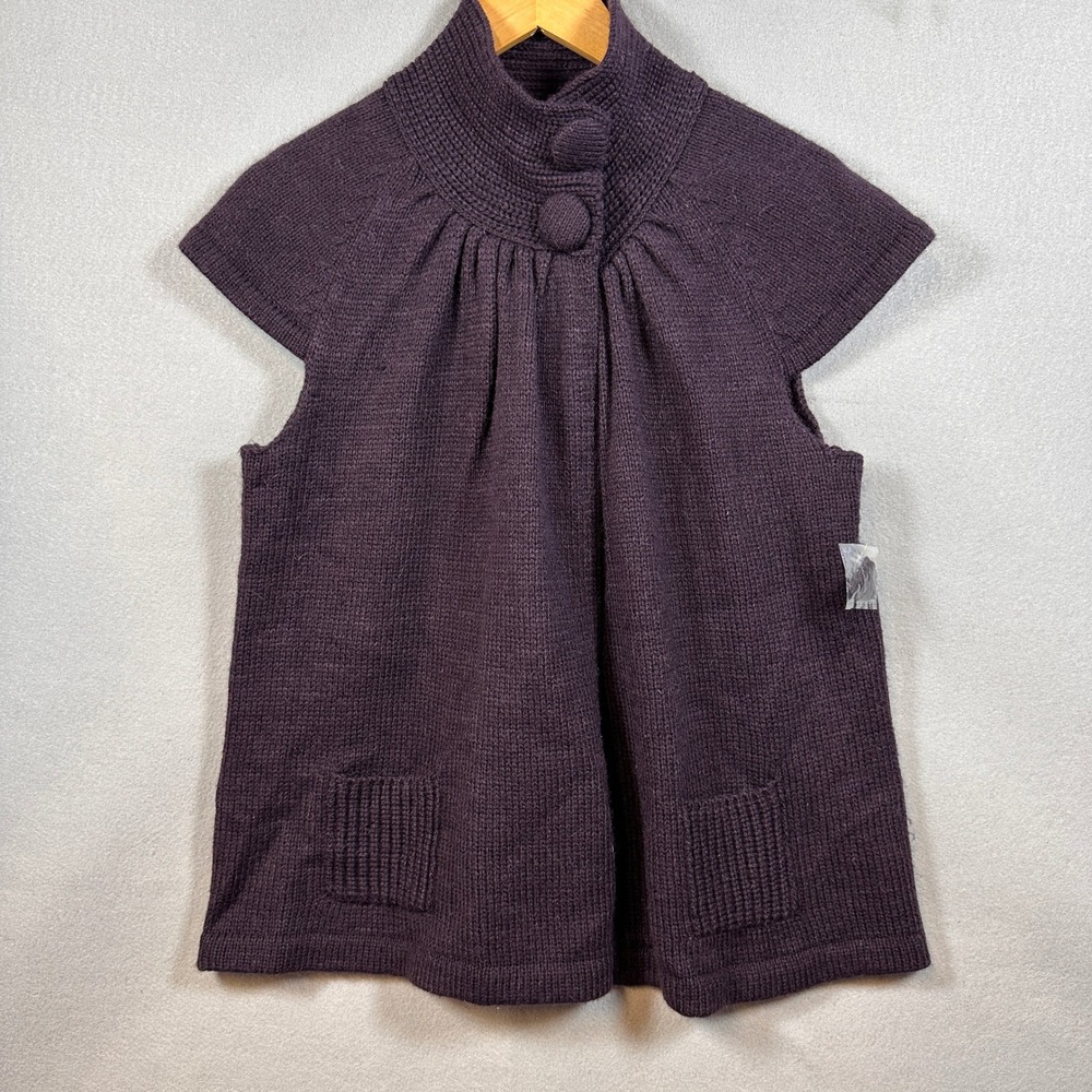 Womens Purple Wool Alpaca Blend Short Sleeve Funnel Neck Cardigan Cozy Sweater L